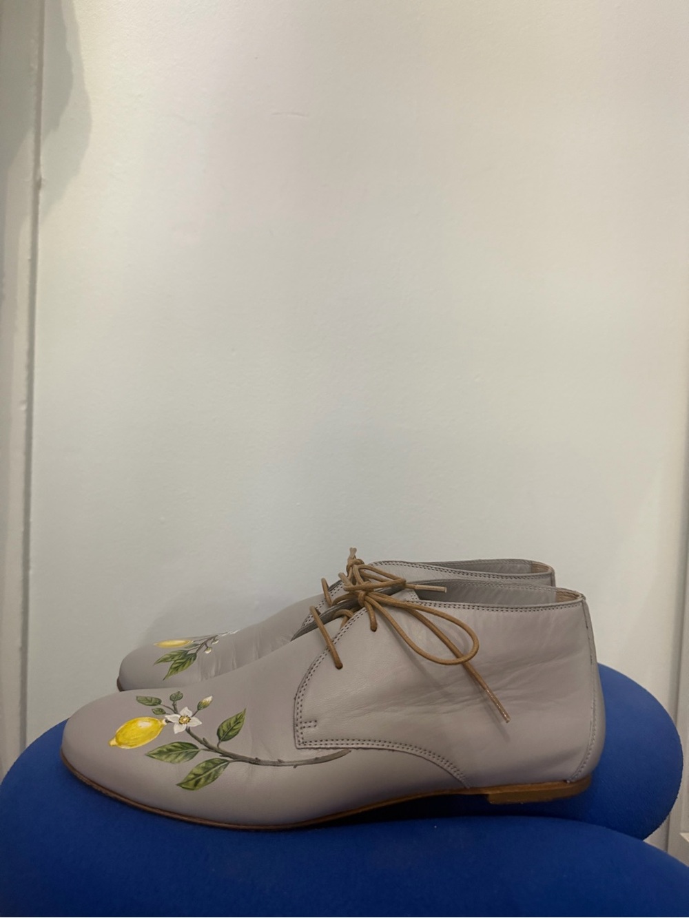 Lace-Up Leather Ankle Boots with Lemon Embroidery - Light Gray